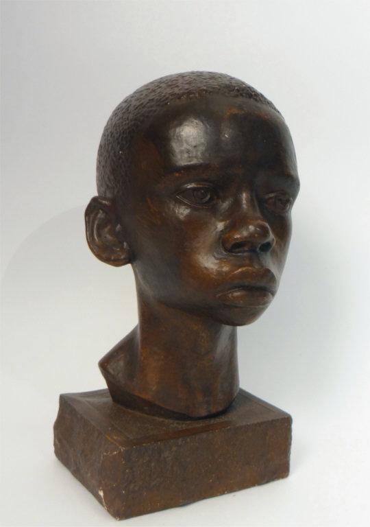 TERRA COTTA SCULPTURE, JOHN GOSLIN, 1950 "HEAD OF A: TERRA COTTA SCULPTURE, JOHN GOSLIN, 1950 "HEAD OF A YOUNG BOY" (13 3/4" X 7" X 8")
