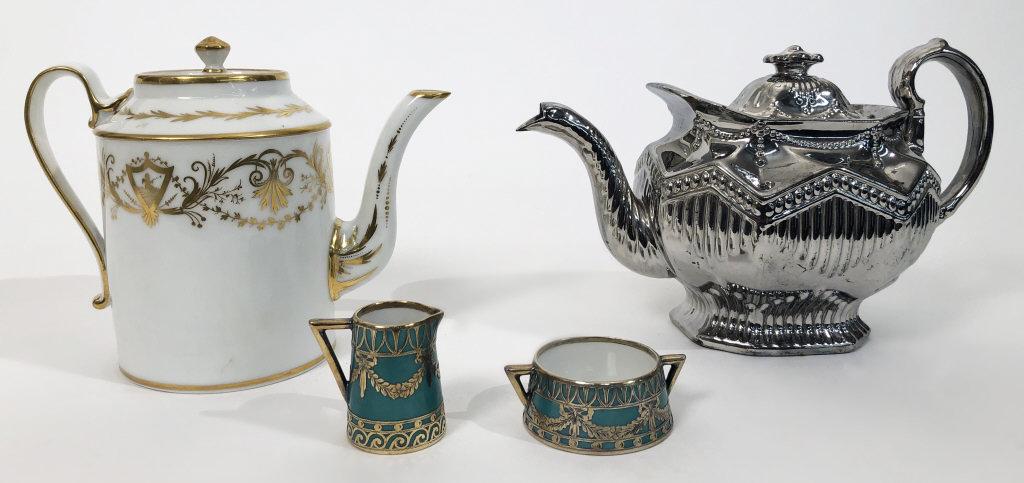ENG. SILVER LUSTER TEAPOT W/ SILVER OVERLAY SUGAR &: ENG. SILVER LUSTER TEAPOT W/ SILVER OVERLAY SUGAR & CREAM & FRENCH PORCELAIN TEAPOT