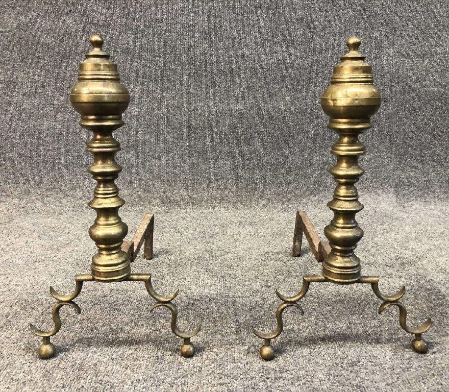 PR OF C. 1825 BRASS ANDIRONS: PR OF C. 1825 BRASS ANDIRONS
