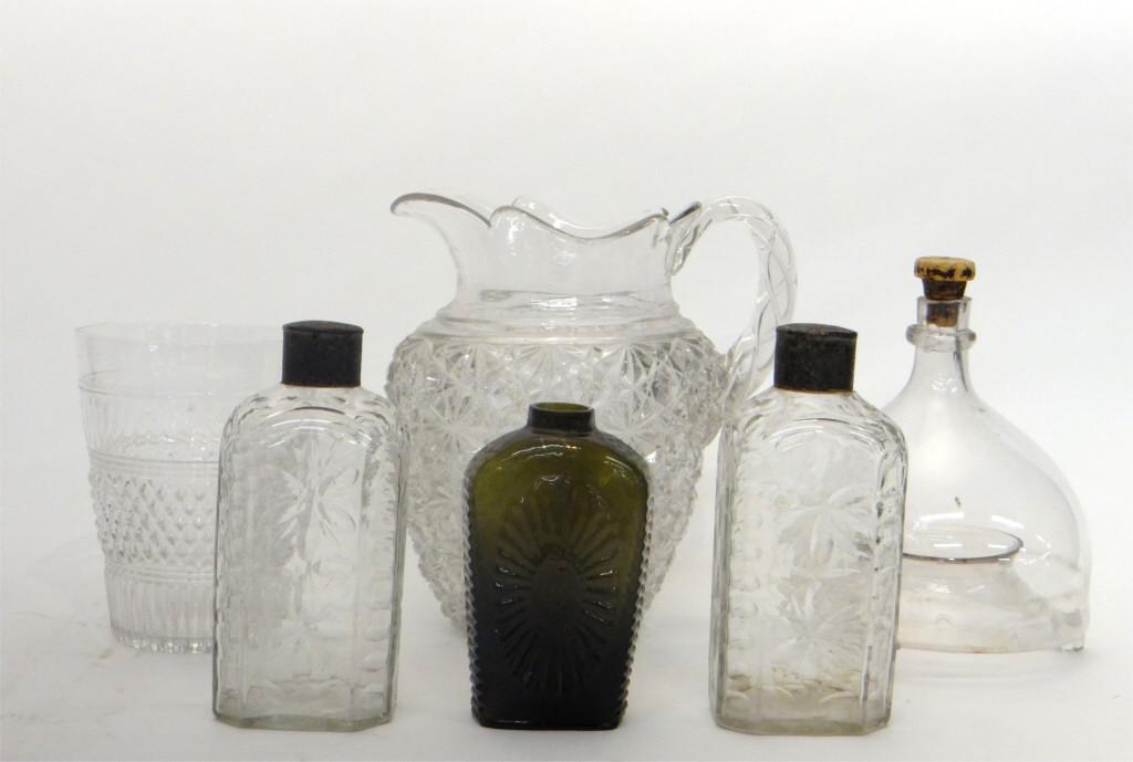 EARLY GLASS INC. FLY CATCHER, FLIP GLASS, PITCHER W/: EARLY GLASS INC. FLY CATCHER, FLIP GLASS, PITCHER W/ RIBBON HANDLE, PR OF FLASKS, ETC.