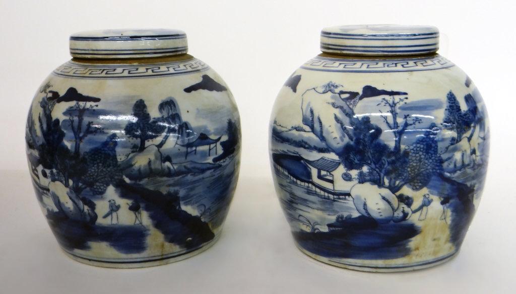 PR OF BLUE & WHITE GINGER JARS W/ LIDS 8 3/4" TALL: PR OF BLUE & WHITE GINGER JARS W/ LIDS 8 3/4" TALL