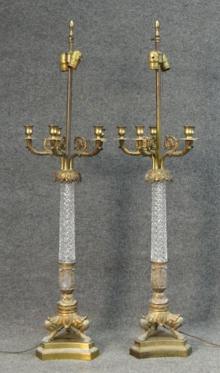 PR OF CRYSTAL & ORMOLU CLASSICAL CANDELABRA LAMPS 45": PR OF CRYSTAL & ORMOLU CLASSICAL CANDELABRA LAMPS 45" TALL OVERALL