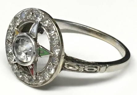 EASTERN STAR DIAMOND RING, 14KT WH GOLD W/ ENAMEL: CENTER STONE APPROX. .5 (APPROX. 2 DWT )