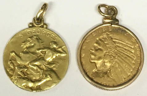 $5 US INDIAN HEAD GOLD COIN IN 14K & 18KT CARTIER ST: ST GEORGE METAL BOTH APPROX. 10 DWT