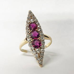 ANTIQUE DIAMOND & RUBY MARQUISE CLUSTER RING SET IN: SET IN 14KT GOLD APPROX. 3.0 DWT