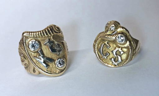 2 GOLD MENS RINGS W/ SMALL DIAMONDS 1- 14 KT APPROX.: 1- 14 KT APPROX. 9.3 DWT & 1 - 10 KT APPROX. 4.4 DWT