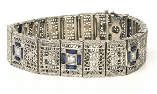 PLATINUM ON 14KT GOLD FILIGREE BRACELET W/ DIAMONDS &: W/ DIAMONDS & SAPPHIRES (APPROX. 16.8 DWT)