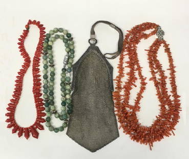 LADIES JEWELRY INC. 26" JADE NECKLACE, 2 CORAL: NECKLACES 14" & 15" & STERLING WHITNEY & DAVIS BAG, HINGE