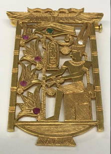 EGYPTIAN REVIVAL PIN W/ DIAMOND, EMERALDS & RUBIES: TESTS 18KT, APPROX. 10 DWT