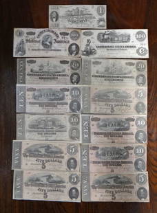 19THC. CONFEDERATE CURRENCY INC. ALABAMA BANK NOTE & 12: NOTE & 12 CONFEDERATE NOTES OF VARIOUS DENOMINATIONS