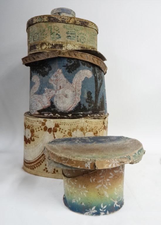 GROUP OF ANTIQUE HAND BLOCKED BAND BOXES WALL PAPER: WALL PAPER COVERED INC. TOP HAT FORM W/ TOP HAT