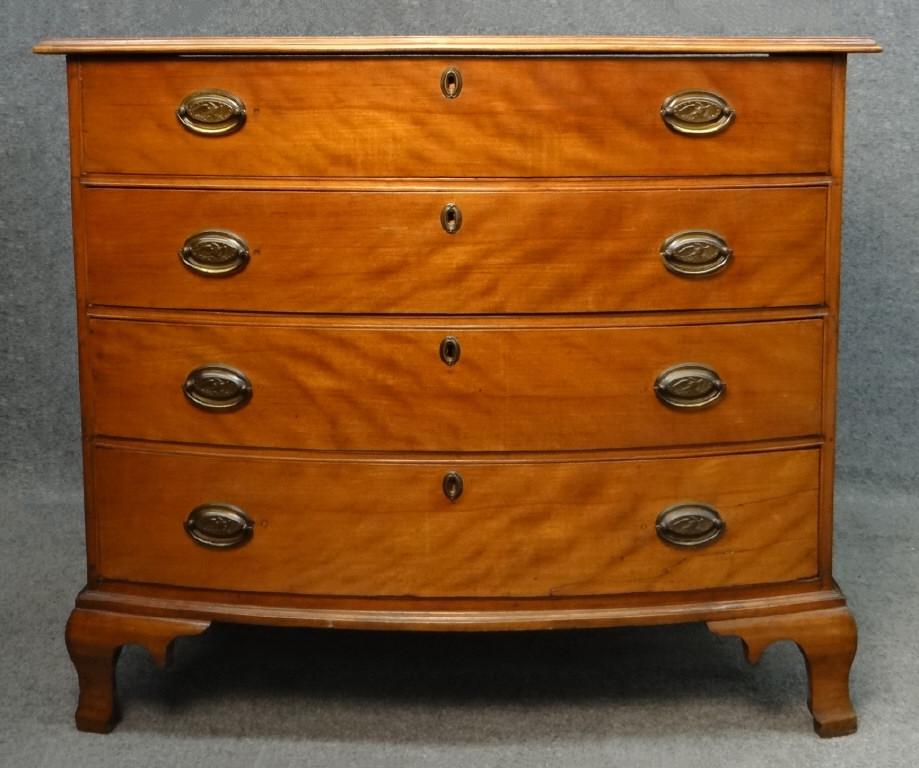 18THC. FLAME BIRCH BOW FRONT CHEST, NEW ENGLAND 36 1/2": 36 1/2" TALL X 37" WIDE X 22" DEEP