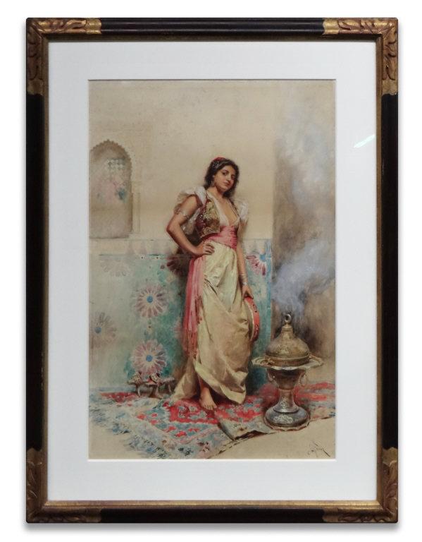 J. L. FERRIS (JEAN LEON GEROME FERRIS WATERCOLOR: "TAMBORINE" 1863 - 1930 (26" X 17" SITE SIZE)