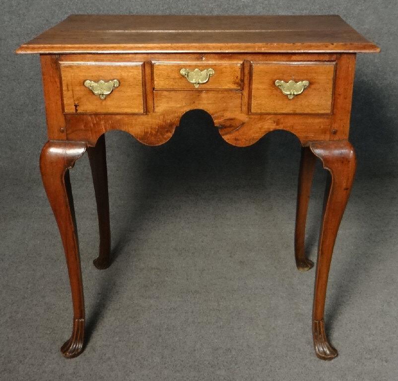 EARLY 18THC. WALNUT LOWBOY W/ ORIG BRASS & SPANISH: SPANISH FOOT, WIDE GRAIN PINE SUBWOODS (27" X 32" X 19 1/2")