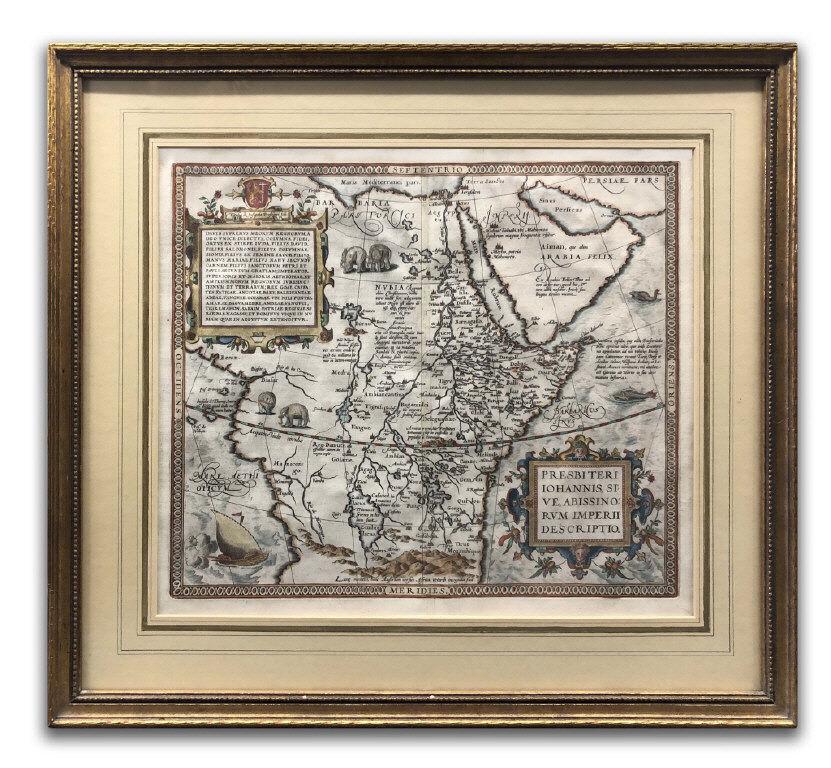 PRESBITERI, JOHANNIS, 1572 HAND COLORED MAP OF CENTRAL: OF CENTRAL & NE AFRICA (4 ELEPHANTS & 2 SEA CREATURES) (14 1/2' X 17" PLATE SIZE)