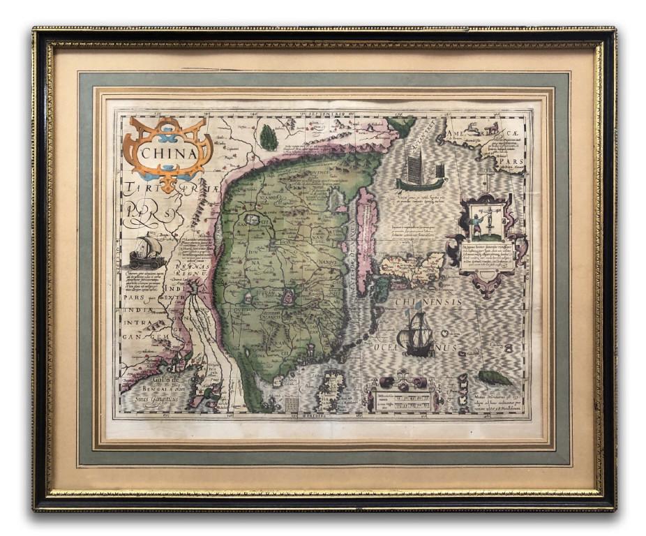 16THC. MAP OF CHINA W/ WIND DRIVEN SAIL CAR & SEA: & SEA MONSTER (13 3/8" X 18" PLATE SIZE)