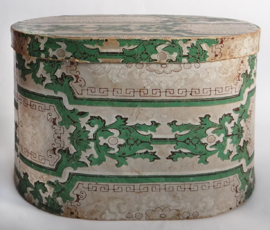 1847 BAND BOX W/ HAND BLOCKED WALL PAPER 11 1/2" TALL X: 11 1/2" TALL X 16" X 12"