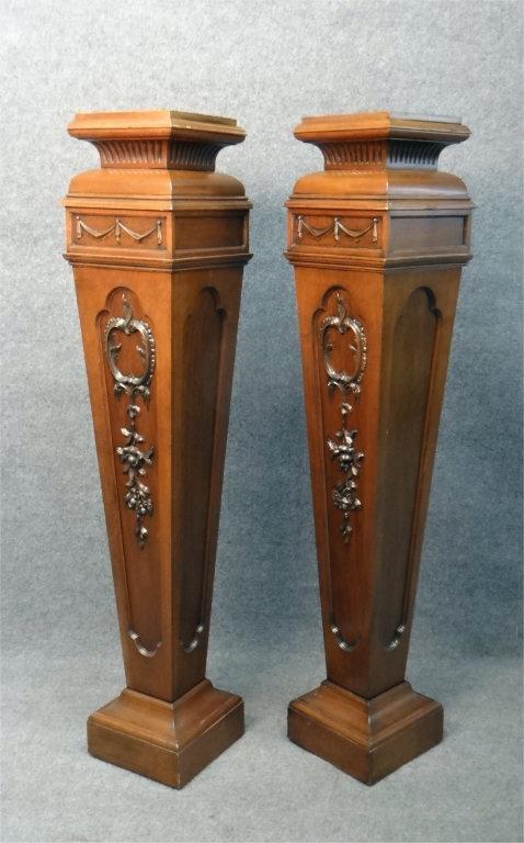 PR OF EDWARDIAN PERIOD MAHOGANY PEDESTLES SWAG &: SWAG & FOLIATE DECORATION (54" TALL - TOP MEASURES 8 3/4" X 9" )