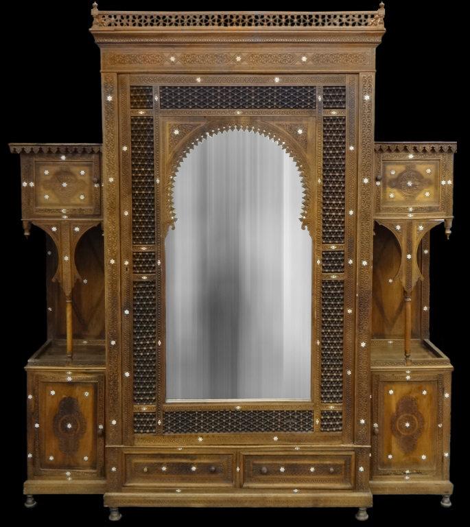 MOORISH MOROCCAN WALL CABINET W/ MOTHER OF PEARL INLAY: INLAY & STICK & BALL WORK W/ SIDE CABINETS (82" WIDE X 92" TALL X 22" DEEP)