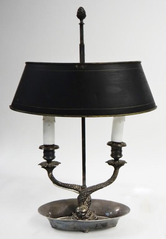 DOLPHIN 2 LIGHT BOULOTTE LAMP W/ TOLE SHADE SILVERPLATE: SILVERPLATE