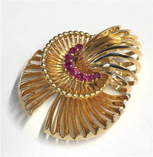 14KT YELLOW GOLD & BURMESE RUBY BROOCH APPROX. 10.5 DWT: 14KT YELLOW GOLD & BURMESE RUBY BROOCH APPROX. 10.5 DWT