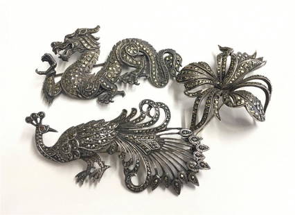 3 MARCASITE / STERLING FIGURAL PINS DRAGON, PEACOCK &: 3 MARCASITE / STERLING FIGURAL PINS DRAGON, PEACOCK & LILY, LONGEST 2 3/4"