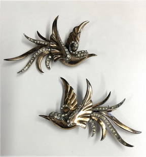 PR OF VINTAGE M. BOUCHER BIRD PINS IN STERLING, GOLD: PR OF VINTAGE M. BOUCHER BIRD PINS IN STERLING, GOLD VERMEIL & RHINESTONES C. 1940'S (2 1/2" X 1 1/2")