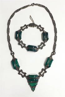 ART DECO STERL., MARCASITE & CHRYSOPRASE NECKLACE & 6": ART DECO STERL., MARCASITE & CHRYSOPRASE NECKLACE & 6" BRACELET (NECKLACE 16 1/2" )