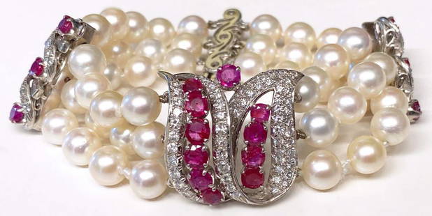 3 STRAND PEARL , DIAMOND & RUBY BRACELET 6 1/2" LONG: 3 STRAND PEARL , DIAMOND & RUBY BRACELET 6 1/2" LONG