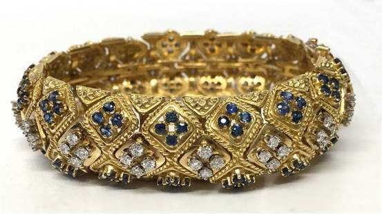 18KT YELLOW GOLD, DIAMOND & SAPPHIRE BRACELET APPROX. 3: 18KT YELLOW GOLD, DIAMOND & SAPPHIRE BRACELET APPROX. 3 CARAT DIAMONDS (7 1/2" LONG)59.3 DWT