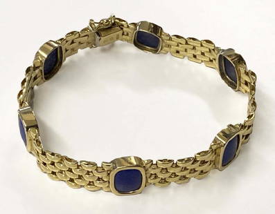 18KT YELLOW GOLD MESH BRACELET W/ LAPIS MEDALLIONS 7: 18KT YELLOW GOLD MESH BRACELET W/ LAPIS MEDALLIONS 7 3/4" LONG APPROX. 17.7 DWT