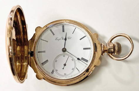 18KT ROSE GOLD HUNTING CASE POCKET WATCH BY EAGLE WATCH: 18KT ROSE GOLD HUNTING CASE POCKET WATCH BY EAGLE WATCH CO. NEWPORT #88354