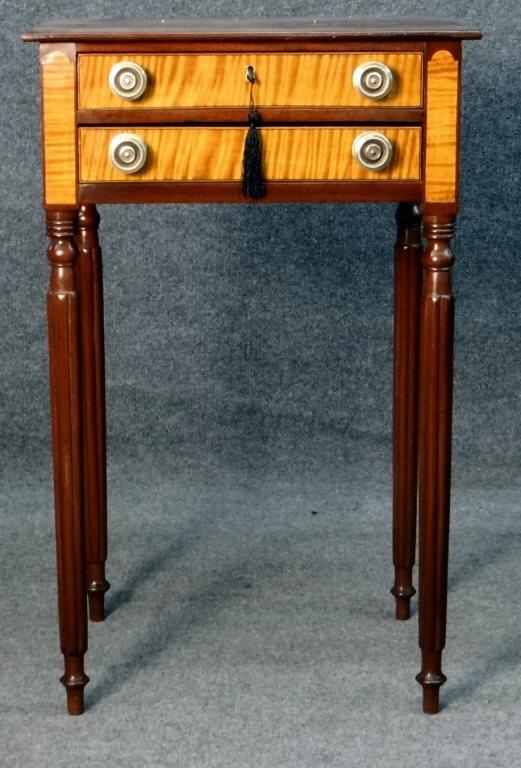 For Auction 2 DR REEDED LEG STAND, TIGER MAPLE DRAWER FRONTS 28
