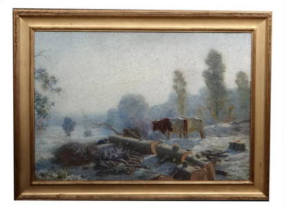 HENRY RANKIN POORE "LOGGING WITH OXEN" OIL / CANVS 27": HENRY RANKIN POORE "LOGGING WITH OXEN" OIL / CANVS 27" X 39"