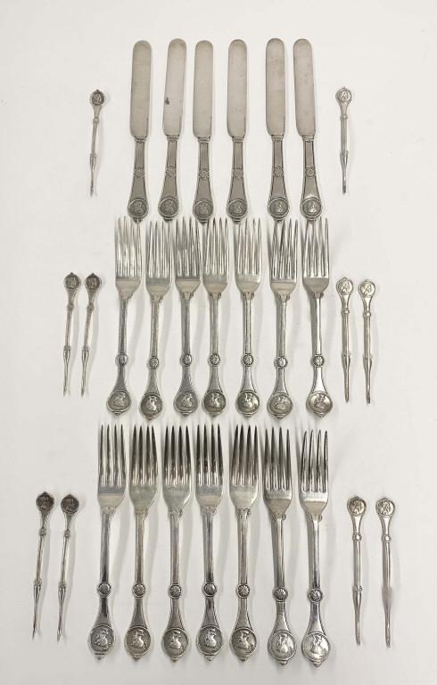 C. 1840 SET OF MEDALLION PATTERN PLATED FLATWARE BY (1 of 6)