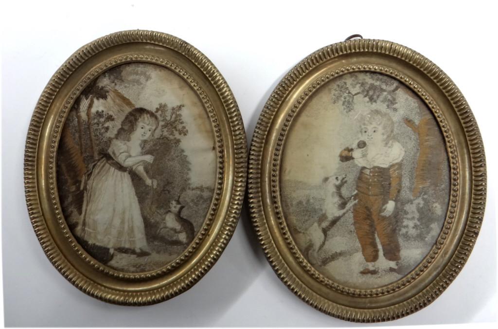PR OF ENGLISH 18THC. SILK EMBROIDERIES 5 1/2" X 3 1/4" (1 of 6)