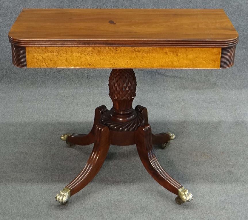 BALTIMORE CARD TABLE W/ FEDERAL FIGURE MAPLE APRON C.: BALTIMORE CARD TABLE W/ FEDERAL FIGURE MAPLE APRON C. 1800 (29 1/4" X 36" WIDE X 18")