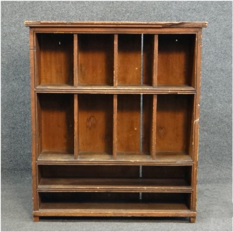 LEDGER / MAIL CUBBY HANGING SHELF IN ORIG SURFACE: LEDGER / MAIL CUBBY HANGING SHELF IN ORIG SURFACE TRYINGHAM, MA C. 1825 (30" X 26 1/2" X 9" DEEP)