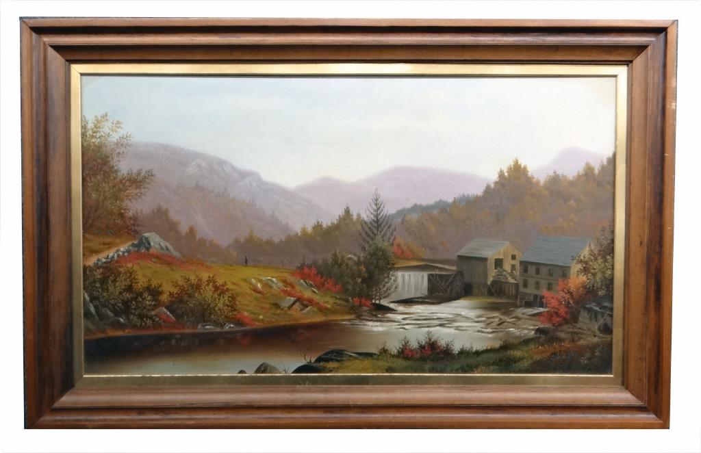 OIL / CANVAS "AUTUMN MILL SCENE" UNSGND 17" X 30" (1 of 4)