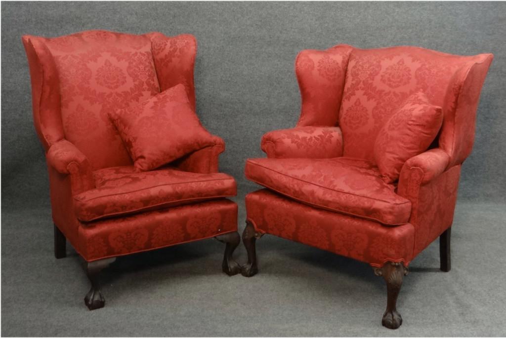 2 UPHOLSTERED WING BACK CHIPPENDALE STYLE CHAIRS IN RED (1 of 7)