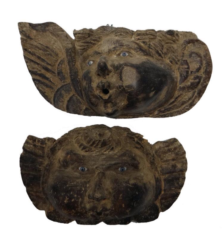 2 CARVED WOODEN "WIND FACE" DECORATIONS,GLASS EYES (1 of 6)