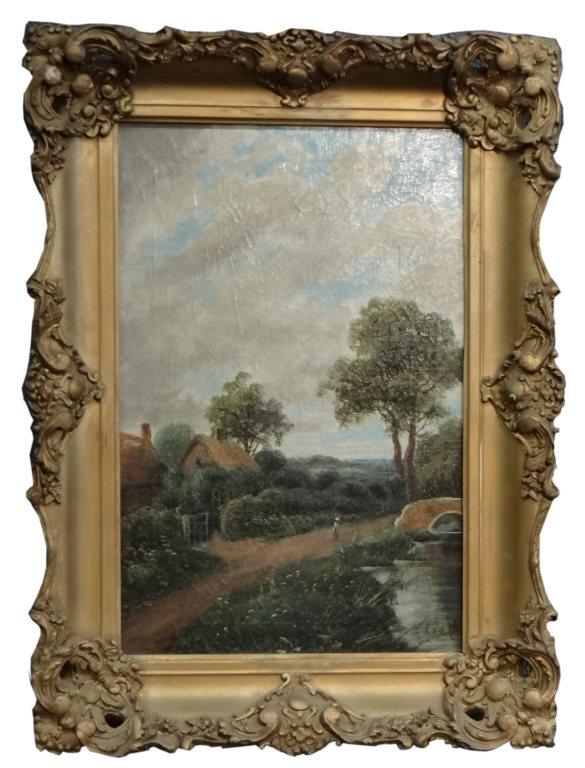 O/CANVAS "COTTAGE BY THE STREAM" SGND E. COLE 18" X 12" (1 of 4)