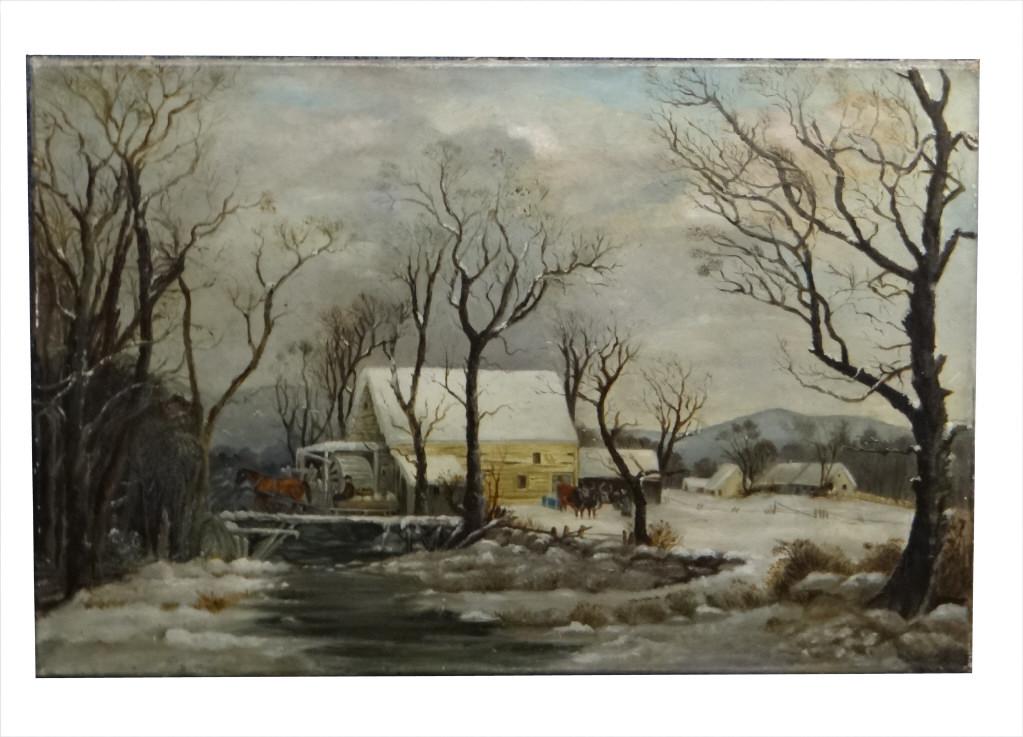 OIL/ CANVAS AMERICAN SCHOOL WINTER SCENE UNSGND (17 (1 of 5)