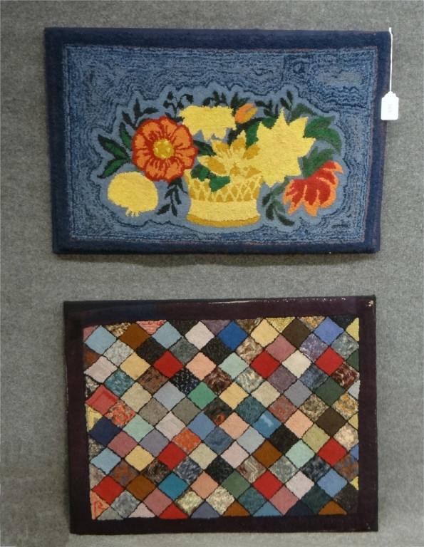 2 HOOKED RUGS, GEOMETRIC & FLORAL BOTH MOUNTED (36" X (1 of 3)