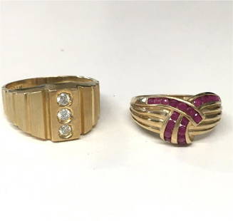 HIS & HER'S 14KT YELLOW GOLD RINGS, 1 W/ DIAMONDS: HIS & HER'S 14KT YELLOW GOLD RINGS, 1 W/ DIAMONDS APPROX. 6.4 DWT APPROX. 6.4 DWT