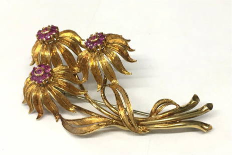 VINTAGE 18KT GOLD & RUBY CARTIER FLOWER BROOCH APPROX.: VINTAGE 18KT GOLD & RUBY CARTIER FLOWER BROOCH APPROX. 10.5 DWT (2 1/2" LONG ) C. 1950'S APPROX. 10.5 DWT (2 1/2" LONG ) C. 1950'S