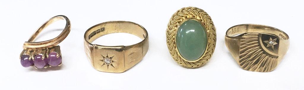 4 VINTAGE RINGS , 3- 14KT YELLOW GOLD & 1 10KT APPROX.: 4 VINTAGE RINGS , 3- 14KT YELLOW GOLD & 1 10KT APPROX. 12.2 DWT APPROX. 12.2 DWT