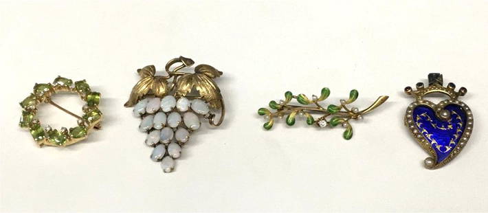 4 VINTAGE PINS, TOURMALINE & DIAM., OPAL GRAPE 14K: 4 VINTAGE PINS, TOURMALINE & DIAM., OPAL GRAPE 14K ENAMEL HEART 14KT & ENAMEL LEAF W/ DIAMOND 14KT APPROX. 17 DWT ENAMEL HEART 14KT & ENAMEL LEAF W/ DIAMOND 14KT APPROX. 17 DWT