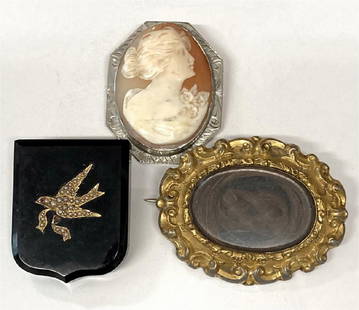 3 PCS VICTORIAN JEWELRY, RUBY,SEED PEARL, GOLD & ONYX: 3 PCS VICTORIAN JEWELRY, RUBY,SEED PEARL, GOLD & ONYX BROOCH, HAIR PIN & SHELL CAMEO & ONYX BROOCH, HAIR PIN & SHELL CAMEO