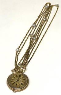 18KT GOLD LADIES LONGINES PENDANT WATCH W/ CHAIN: 18KT GOLD LADIES LONGINES PENDANT WATCH W/ CHAIN